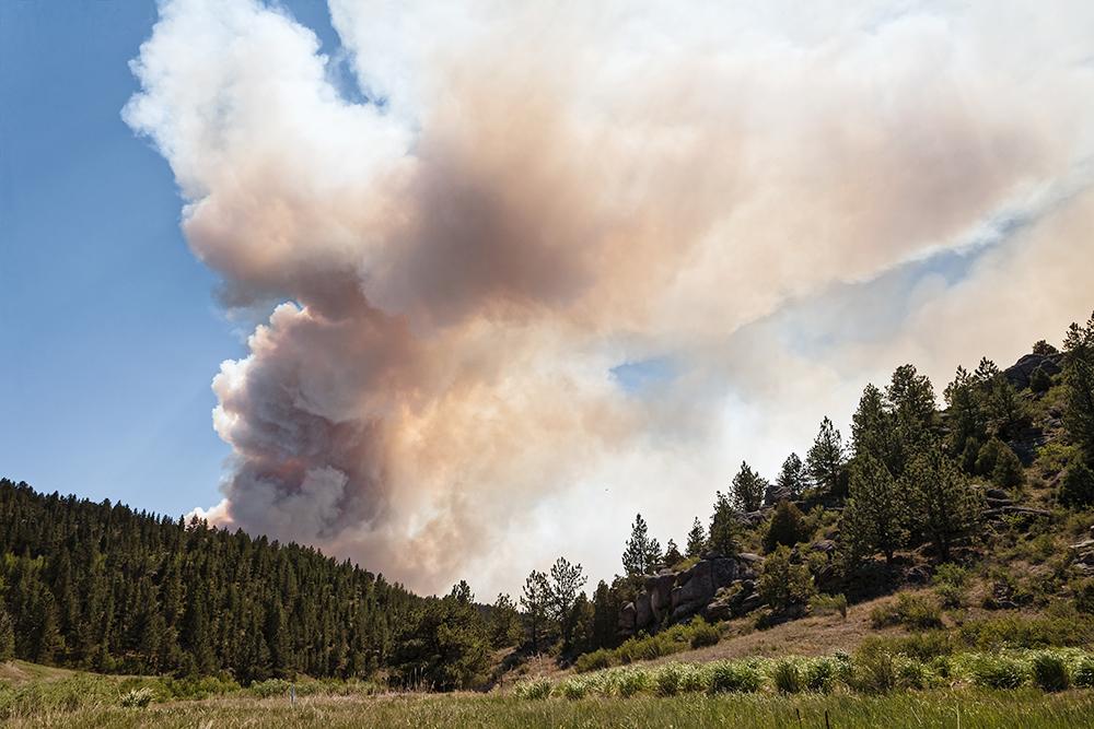 Smoke plume rises from a wildfire.